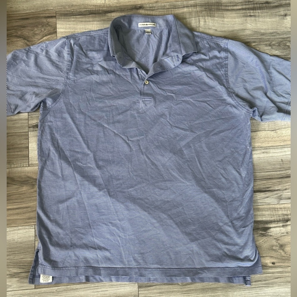 Peter Millar Mens Golf Striped Polo Shirt 100% Cotton Blue and White Size Large
